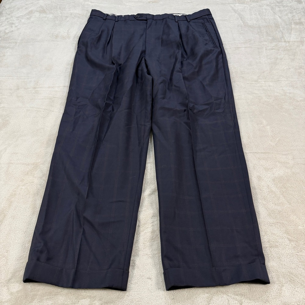 Pal Zileri Mens 40x30 Navy Blue Windowpane Wool Double Pleated Dress Pants EUC